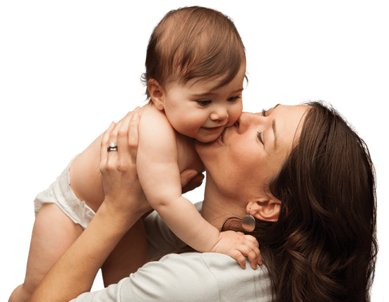 A mother lifting her baby in the air.